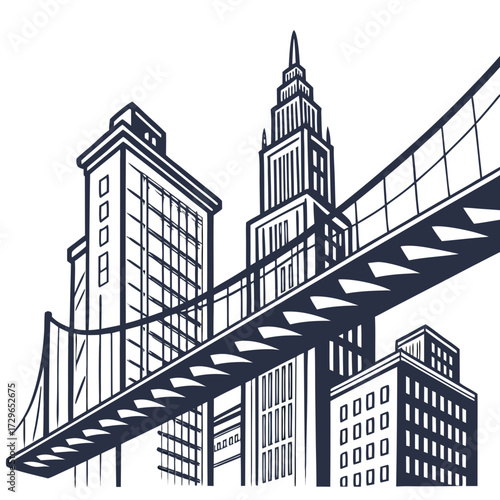 Stylized graphic illustration of a suspension bridge spanning across a cityscape with tall buildings and skyscrapers against a white background