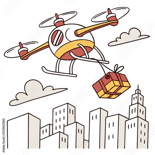 Cartoon drone flying over a stylized city skyline delivering a gift package with a ribbon and bow representing modern delivery services and urban logistics