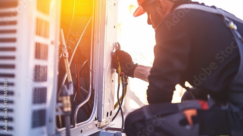 HVAC Technician Servicing Outdoor Air Conditioning Unit: Professional Maintenance and Repair of Industrial Refrigeration System in Bright Sunlight