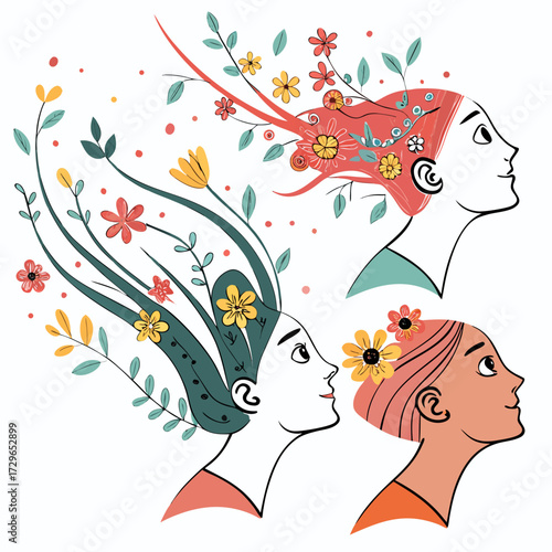 Three women in profile with their hair transforming into flowing botanical elements and vibrant flowers symbolizing growth and nature