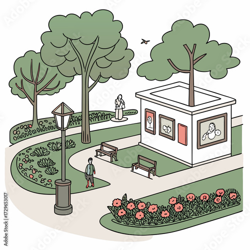 A charming isometric illustration of a park scene featuring an outdoor art gallery building a solitary visitor benches a lamppost trees and blooming flowers