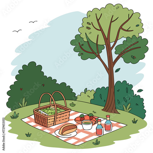 A charming illustration of a delightful outdoor picnic spread laid out on a checkered blanket beneath a large leafy tree with two birds flying in the pale blue sky