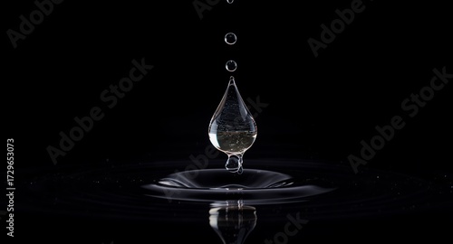 Water droplet impact in slow motion with ripples on a black surface