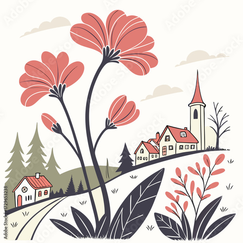 Charming village nestled in rolling hills with large blooming flowers and a church steeple against a cloudy sky evoking a peaceful rural landscape