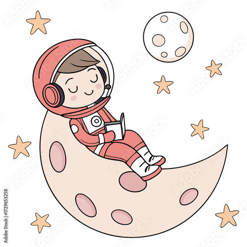 Cute cartoon astronaut in a pink spacesuit relaxing and reading a book while sitting on a crescent moon surrounded by stars and a planet