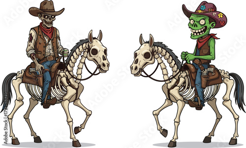 Zombie cowboy riding skeleton horse illustration, undead western outlaw character, horror wild west art, spooky Halloween monster vector, creepy cowboy design