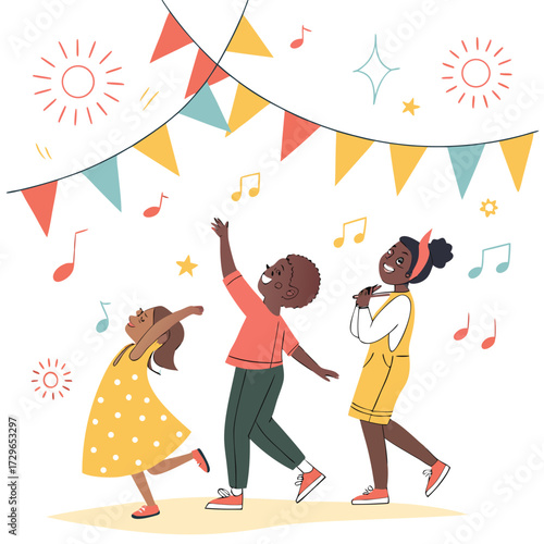 Wallpaper Mural Three happy diverse children dancing and celebrating under colorful party bunting and musical notes with sun and star decorations Torontodigital.ca