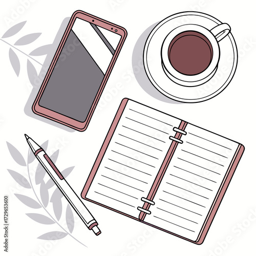 Overhead view of a modern desk setup with a smartphone open notebook pen and a cup of coffee symbolizing productivity and planning