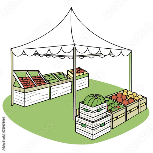 A charming illustration of a farmers market stall with a white tent and various fresh fruits and vegetables displayed in wooden crates on a green grassy surface