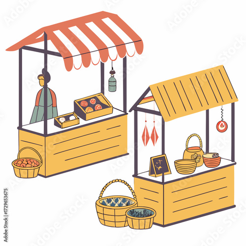 Charming illustration of two outdoor market stalls one selling food items and the other displaying crafts with a vendor present and baskets of produce nearby