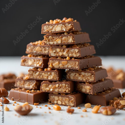 A pyramid of chocolate bars. Closeup of broken chocolate bars with nuts (nougat topped with caramel, enrobed in milk chocolate) isolated on white and dark background. Pieces of chocolate bars.
