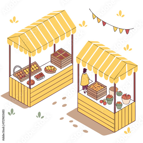 Charming isometric illustration of two outdoor market stalls adorned with yellow awnings displaying fresh produce and baked goods with a vendor attending one stall and festive bunting overhead