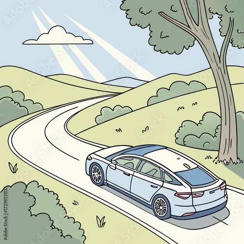 A light blue modern sedan drives along a winding road through rolling green hills under a bright sunny sky with sunbeams and a single fluffy cloud