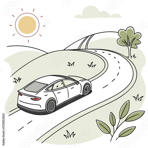 A white sedan drives along a winding road through rolling hills under a bright sun and a single cloud symbolizing travel and freedom