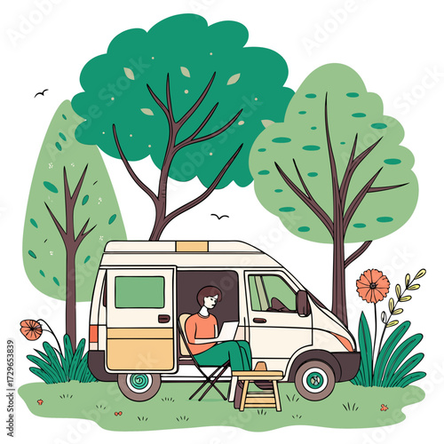 A person sits in a camping chair outside a camper van working on a laptop amidst a serene natural landscape with trees and flowers
