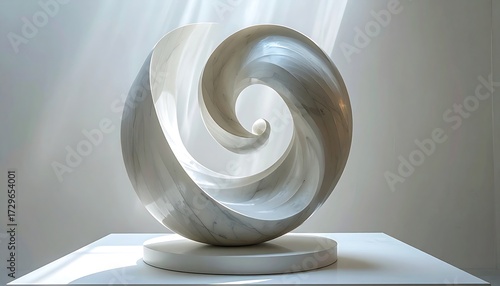 Polished marble sphere sculpture with swirling, dynamic form, displayed on a white pedestal