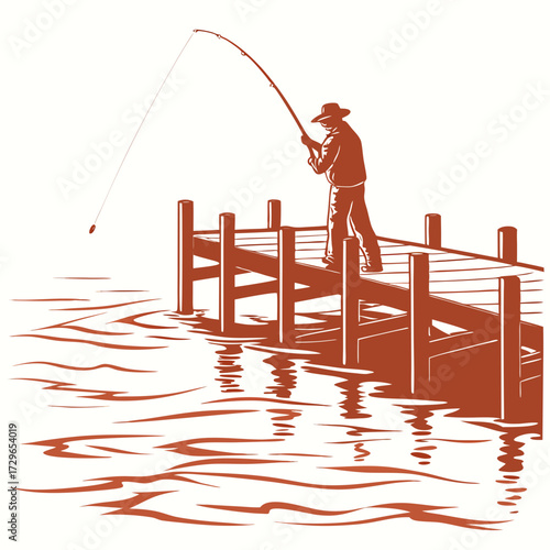 Silhouette of a fisherman standing on a wooden pier casting a fishing line into the rippling water with a hat on his head and a reflection below
