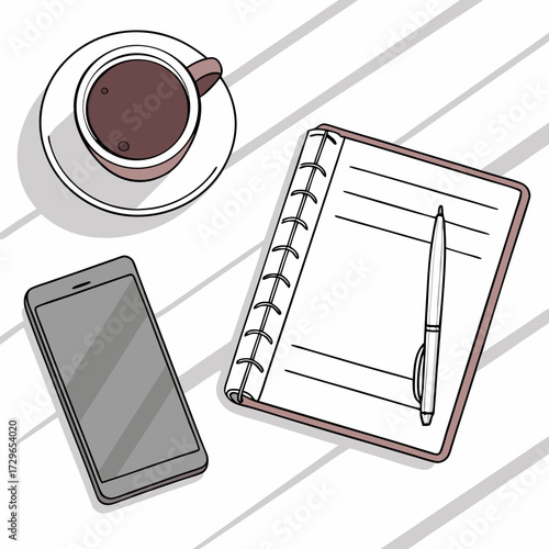 Overhead view of a desk with a cup of coffee a smartphone and a notebook with a pen perfect for work or study themes