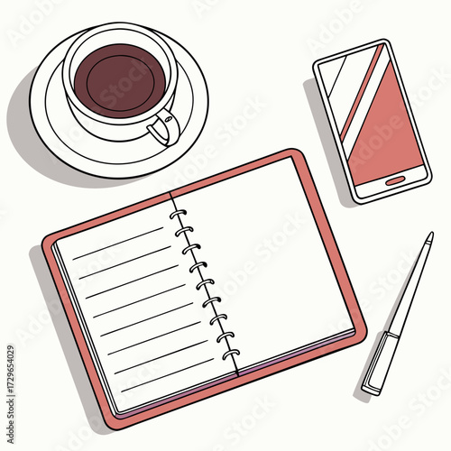 Overhead view of a minimalist workspace featuring a cup of coffee an open notebook a smartphone and a pen perfect for planning or note taking