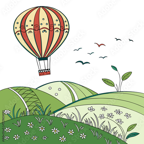 Whimsical hot air balloon floats serenely over rolling green hills dotted with wildflowers and a flock of birds soaring in the clear sky above a vibrant landscape