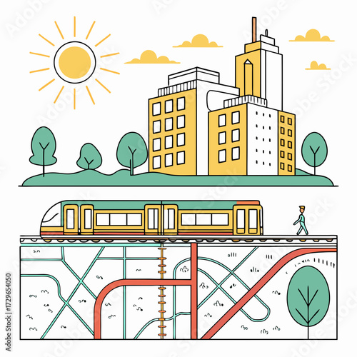 Modern city skyline with a bright sun and clouds above a train on tracks and an underground subway map with trees and a pedestrian walking