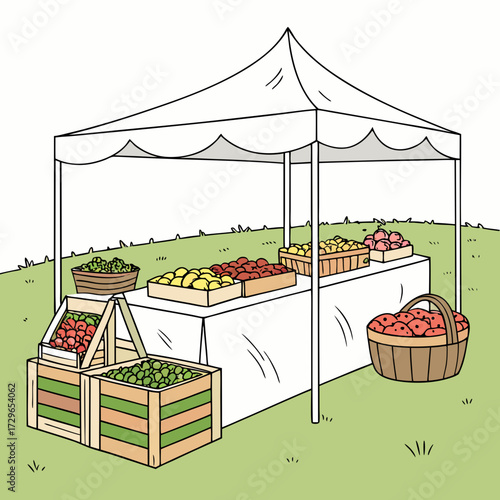 A charming illustration of a farmer s market stall overflowing with fresh produce including apples lemons and leafy greens displayed under a white canopy on a sunny day