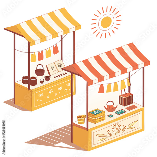 Two charming isometric market stalls with striped awnings display various goods like pottery seeds and produce under a bright cartoon sun evoking a lively outdoor bazaar