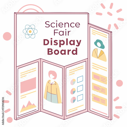 A colorful and simple illustration of a science fair display board with charts graphs and text sections ready for student projects and presentations