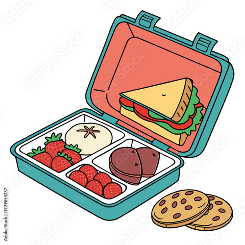 A colorful cartoon illustration of an open lunchbox filled with a sandwich strawberries a round food item and heart shaped cookies with two additional cookies outside the box