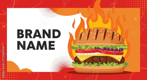 Flaming Burger Promotion, Fast Food, Restaurant, Digital Art, Vibrant Setting, Eye-Catching Design