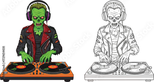 Zombie DJ with headphones playing music, scary undead monster disc jockey illustration, horror Halloween creepy character, spooky turntable design, vector artwork