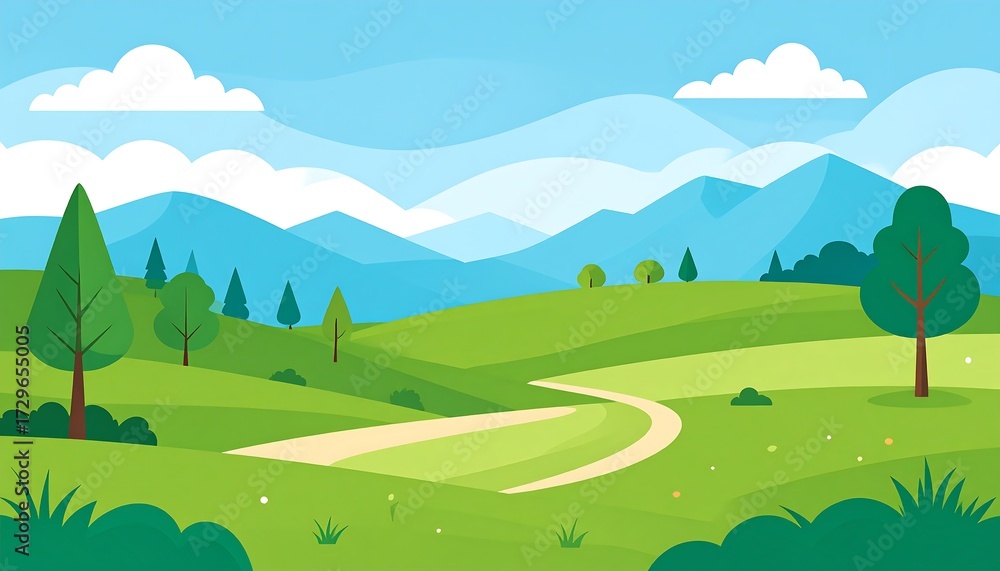 Obraz premium Rolling green hills, winding path, blue mountains, and fluffy clouds under a bright blue sky