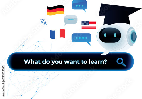 Interactive chatbot that invites you to learn multiple languages, featuring flags of the United States, Germany, and France. Multilingual digital education concept. AI, tech, Artificial Intelligence