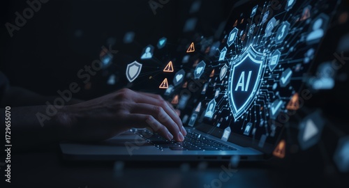 AI-powered cybersecurity concept with hand using laptop showing shield and network connection