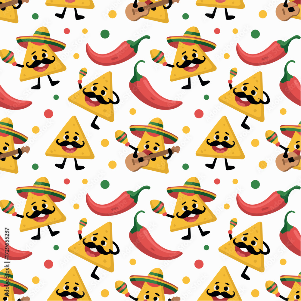 Obraz premium Seamless mexican fiesta pattern with nachos sombrero maracas guitar and chili peppers background vector design