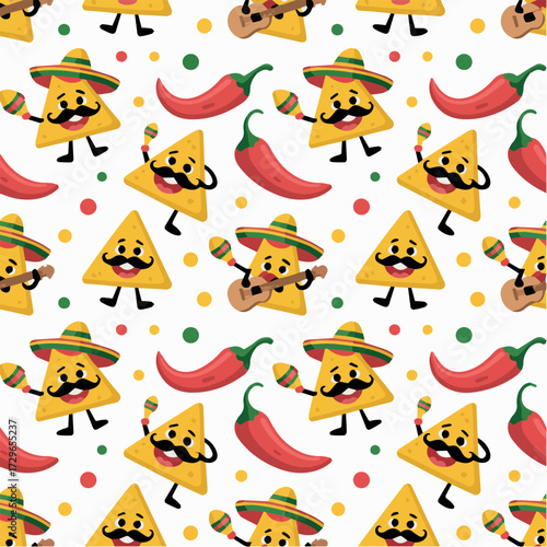 Seamless mexican fiesta pattern with nachos sombrero maracas guitar and chili peppers background vector design