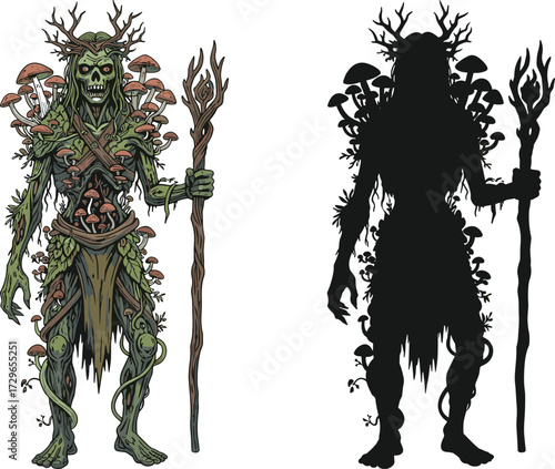 Zombie forest shaman, creepy undead druid with staff, horror woodland monster illustration, scary nature demon character, spooky silhouette artwork for fantasy design