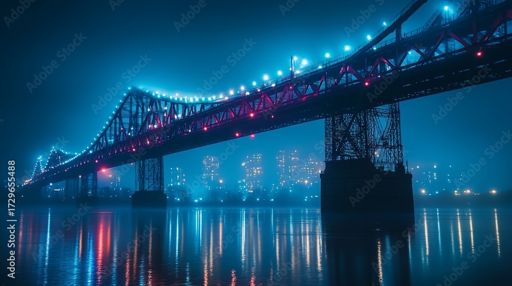 Naklejka premium Night bridge, city lights, fog, water reflection, cityscape