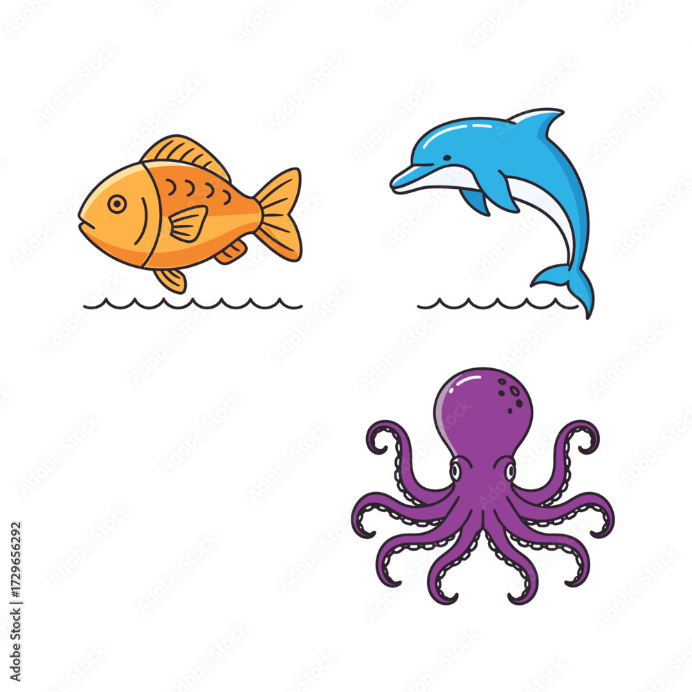 Fototapeta premium Ocean life Fish, dolphin, octopus characters