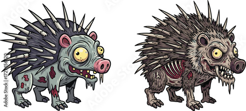 Zombie hedgehog cartoon, creepy porcupine monster, scary undead animal character, horror fantasy beast, spooky Halloween illustration, terrifying mutant creature, grotesque artwork design vector