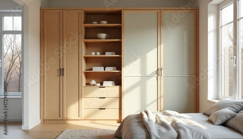 A bedroom interior featuring a large wooden wardrobe with shelves and drawers next to a window and bed