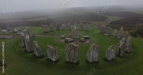 Ancient stone circle surrounded by misty landscape