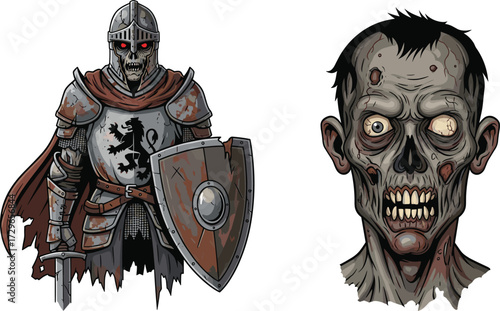 Zombie knight in medieval armor illustration, undead warrior with shield and sword, creepy zombie head, scary horror monster, Halloween artwork design