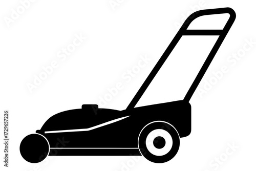 A modern cordless electric lawn mower silhouette, featuring a sleek body and an integrated handle.
