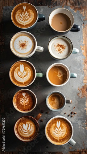 Aerial Still Life of Varied Coffee Drinks on Dark Textured Surface Moody Lighting