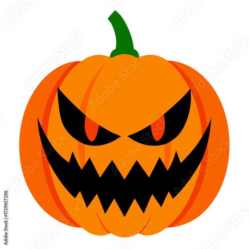 Pumpkin Face Vector Illustration with Fangs and Glowing Eyes on White Background