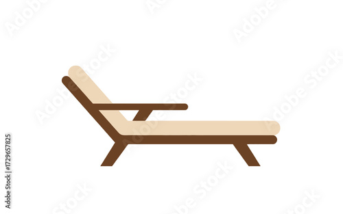 A minimalist flat vector illustration of a wooden lounge chair with beige cushions, isolated on a white background.