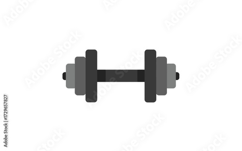 A simple graphic illustration of a gray dumbbell with weight plates on a clean white background, representing fitness and strength training.