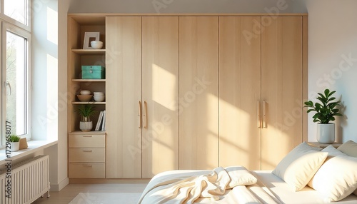 Bedroom interior with large wooden wardrobe, bed with pillows and plant near the window area