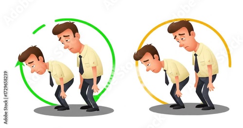 Animated character showing contrasting moods in office